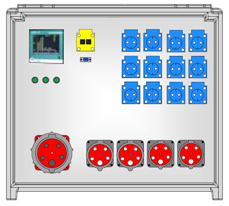 Starkstromverteiler 63A400V auf 2x32A400V 2x16A400V 12x16A230V mit FI's und Multifunktionsmessgerät