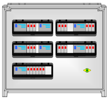 Starkstromverteiler 63A400V auf 2x32A400V 2x16A400V 12x16A230V mit FI's und Multifunktionsmessgerät Rückseite